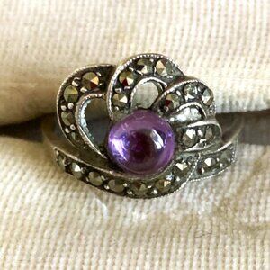 Sweet antique amethyst and marcasite ring set in sterling silver